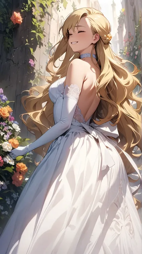 (masterpiece),( best quality),( more details),( best illustration ),( Best Shadow),(  is ridiculous),(  detailed background ),(  very aesthetic with apron ), Starry_ulcer,  1 girl,   blonde hair,  long hair,  closed eyes,  gloves,  dress , elbow  gloves, A...