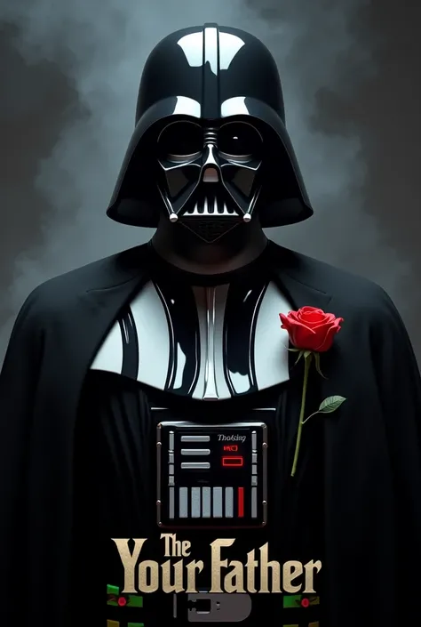 Create a hyper-realistic artwork featuring Darth Vader in a dramatic pose, wearing his iconic black mask and armor, seamlessly blended with a tuxedo-style outfit. A single red rose is pinned to his chest, symbolizing a fusion of Star Wars and The Godfather...