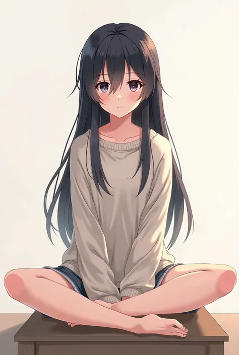 Dinuja to an anime-style girl with black hair and wearing a sweater and shorts sitting cross-legged on a table