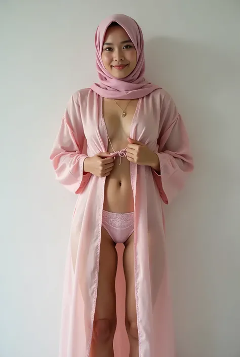 A full-length portrait of a 25 yo stunning Indonesian young girl natural skin without makeup. She stands confidently facing the camera, her beautiful skin glowing in the soft light. Her subtle smile hints at a sense of vulnerability and innocence. The pink...