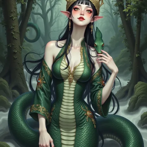 " is called “Snake Woman , depicts a beautiful and scary woman ，The upper body is a human figure ，The lower body is in the shape of a snake .  Her figure has a smooth , pale,  Her long dark hair flutters gracefully , partially covering her glowing Kanekoen...