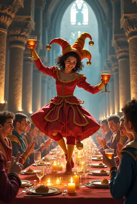 medieval female jester, in medieval feast hall, ultra realistic