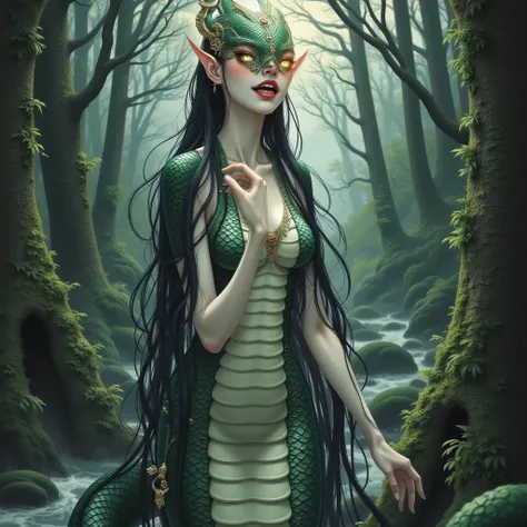 " is called “Snake Woman , depicts a beautiful and scary woman ，The upper body is a human figure ，The lower body is in the shape of a snake .  Her figure has a smooth , pale,  Her long dark hair flutters gracefully , partially covering her glowing Kanekoen...