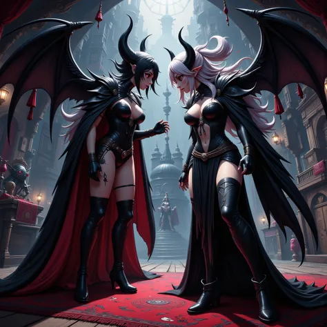 cinematic realistic version of a Dark Stalkers (video game) fight. Felicia and Morrigan Aensland stand at a distance, looking gorgeous and taunting one another, classic costumes, gorgeous women, viewer circles the fighters slowly (safe for work, no objecti...