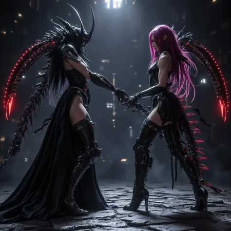 cinematic realistic version of a Dark Stalkers (video game) fight. Felicia and Morrigan Aensland stand at a distance, looking gorgeous and taunting one another, classic costumes, gorgeous women, viewer circles the fighters slowly (safe for work, no objecti...