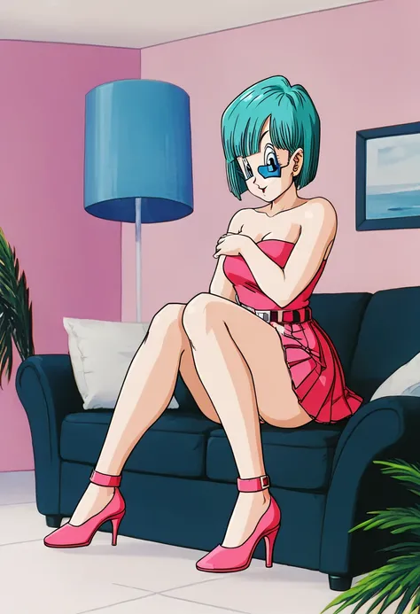 Bulma,  short hair, aquamarine hair, Bob-style cut. Blue eyes,  bare shoulders, strapless,  belt,  medium breasted, pink shirt, Pink mini skirt Pleated skirt ,  sitting on a couch ,  full body,  bare legs , with lace-up heels tied from toe to heel, Curly l...