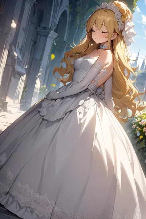 (masterpiece),( best quality),( more details),( best illustration ),( Best Shadow),(  is ridiculous),(  detailed background ),(  very aesthetic with apron ), Starry_ulcer,  1 girl,   blonde hair,  long hair,  closed eyes,  gloves,  dress , elbow  gloves, A...