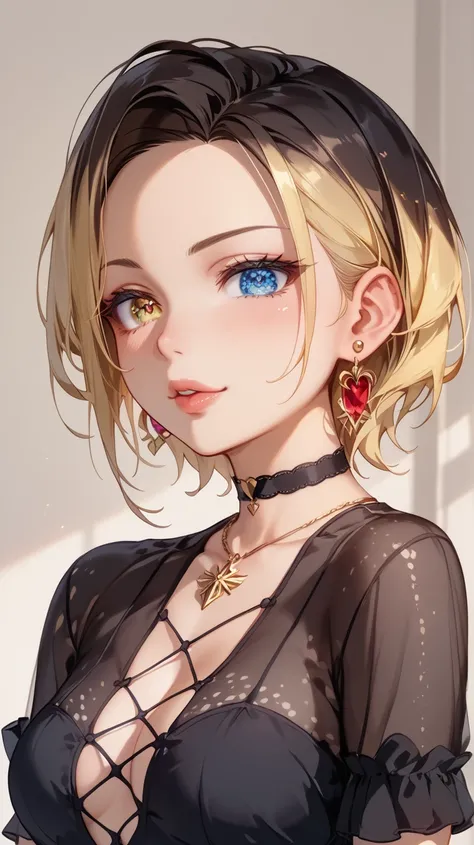 solo、 2 woman 、Beauty、Blonde、 bob hair、 straight、Sideburns、 Center-Parted Bangs、 expressive hair 、Silky Hair、 round eyes、 blue eyes、Shining Eyes、Eye Reflexes、 textured skin、flat breasts、 slim、dark and gold seductive mini dress , Fits your body、 sparkling e...