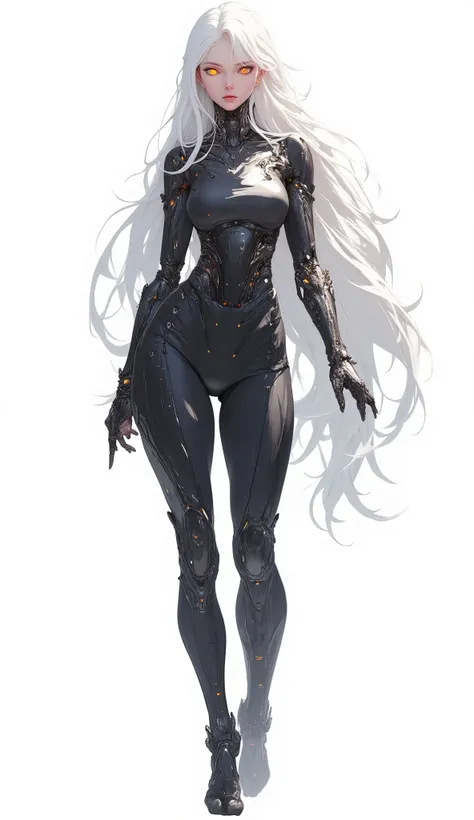 AI woman with black cyberbody, with grey details, very tall, with thick thighs, wide hips, long legs, and a slender waist. Dark red glowing eyes, long flowing white hair. Nothing in her hand. Alluring, looking directly at the camera. Giant ultrafast dichro...