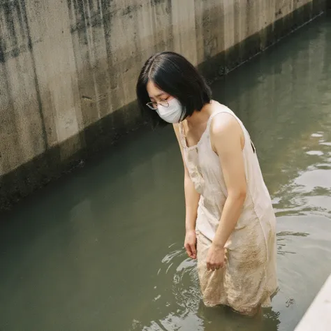  petite figure, middle school girl wearing round glasses , semi-long bob ,dirty white sleeveless dress,dirty white mask , Snapshot, rough skin,Dirty Skin, soaking up to her waist in an urban irrigation canal surrounded by concrete,I'm fishing for floating ...