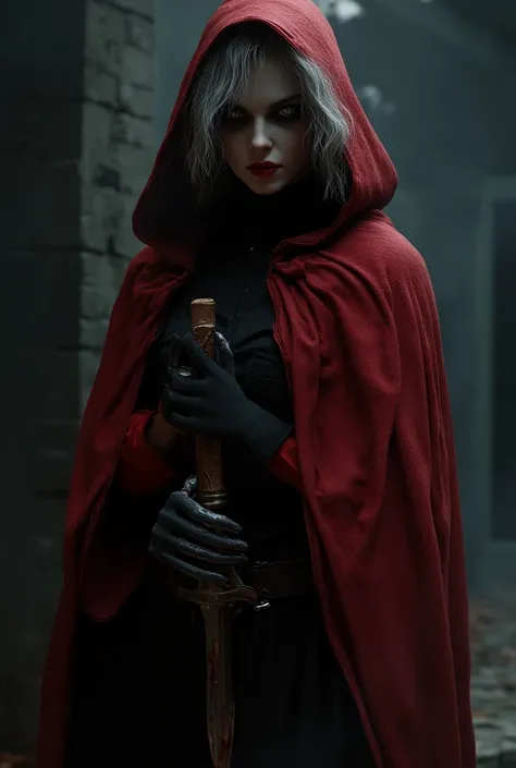 Female  wearing Ghostface wearing red cloak with black gloves amazing detail realistic 3D real character style extremely detailed high quality hyper realistic  background dark house knife in hand bloodied night time wear white eyes 