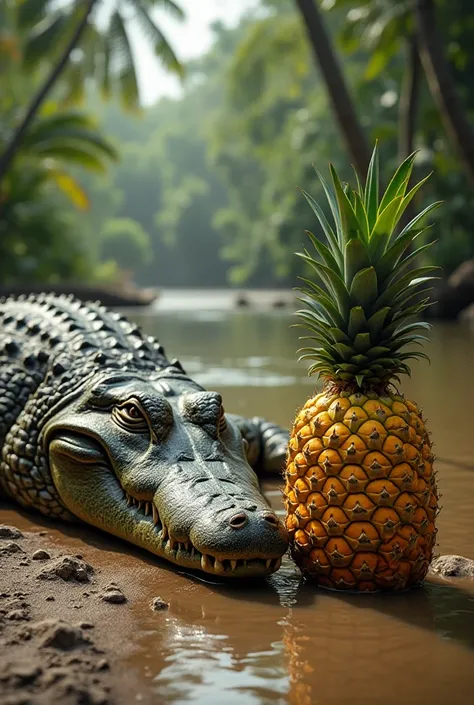 A realistic image of a massive crocodile basking on the muddy banks of a tropical river. Its rough, scaly skin glistens in the sunlight, with shades of dark green and brown. Beside the crocodile sits a perfectly ripe pineapple, its spiky green crown standi...