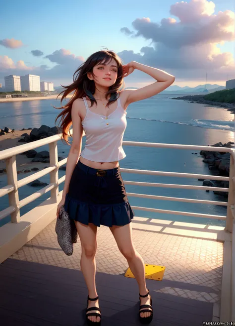 pretty young woman, standing posed, on pedestrian bridge over the sea, building far away, evening sky, BREAK, (forehead, dark-brown long hair), BREAK,  white tank top, white collared shirt,  black skirt with belt, black platform sandals, BREAK, (1girl, sol...