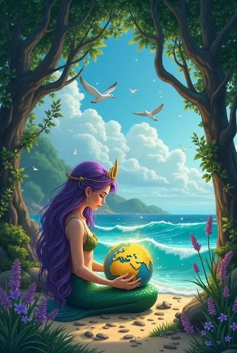  The map is made in fantasy style 

The centerpiece is a magical green forest ,  sits for a cent, a young girl of 25 years old, a mermaid with a green tail  . And purple long wavy hair . She sits on the ocean shore on the sand in a cave of trees , greenery...