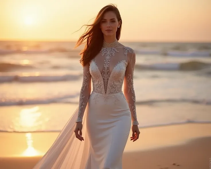   full body view, Mexican woman,  seen in front of the spectator, Spectator looks at full body.  long sleeve high neck wedding dress, shiny stones on the fabric ,   beach, medium light brown hair,  elegant formal hairstyle,  full body photo ,  professional...