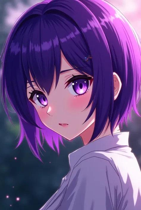 Create an anime character with short hair and sexy purple eyes 