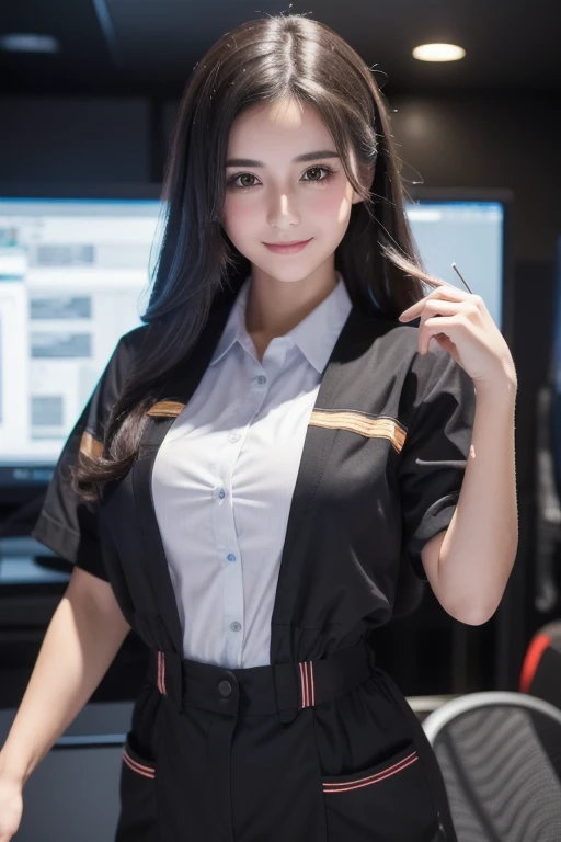 An absurd resolution, high res,20 age, (masterpiece: 1.4), super detailed , dark-haired young woman dressed as a technician, blushing and excited expression , Dark haired young woman dressed as a