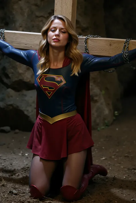 Melissa Benoist as Supergirl, the Supergirl is kneeling crucified attach the cross, her wrists are bounded to the cross by chain, she is unconscious, eyes close, She is wearing a Supergirl costume with red skirt, pantyhose and red knee height boots, her co...