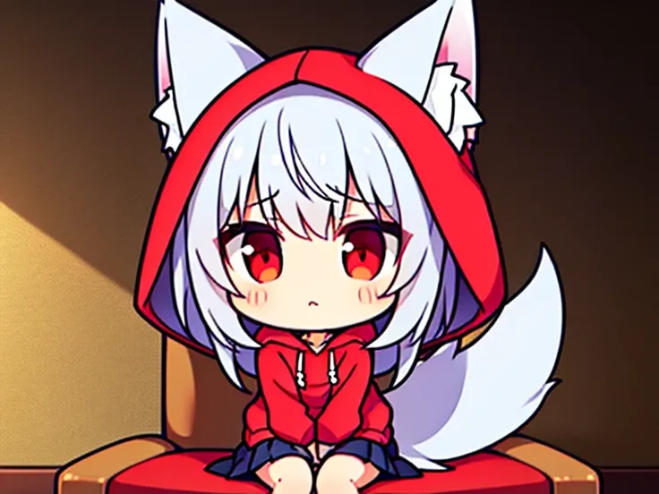 solo。 wolf girl。 Silver Hair。 red eyes。 shortcuts。 red hoodie。 skirt 。 sit on the couch。 sad face。My ears are falling。