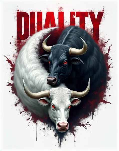 Creative logo illustration fantasy style of big black and white yin yang sign set in the background, ( the white part should on the right and the black part should be on the left), a black bull with red eyes on the right of the design,a white bull with red...