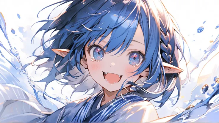  1 Girl , short hair, blue hair/ Watercolor , Aho, braid, stripe dyeing,  in swinging hair,  Crossed Liu Hai ,  pointy long ears ,  blue eyes, Tiger Teeth, Smile, Weeping with eyes open,  split lens ,  High resolution ,  High detail,  high quality, 