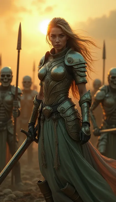 A beautiful and strong female warrior, clad in shining armor, stands defiantly in the middle of a battlefield. She holds a gleaming sword in one hand, ready to strike. She is surrounded by a horde of skeletal warriors, all attacking her with weapons. The b...