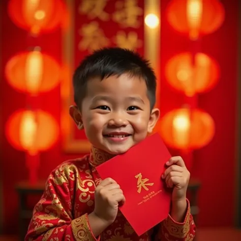 A handsome Thai-Chinese boy 3yo wearing a traditional red and gold dragon costume holds a red envelope with a cheerful expression. In the background is a festive Chinese New Year atmosphere with bright red lanterns, gold decorations and a large banner with...