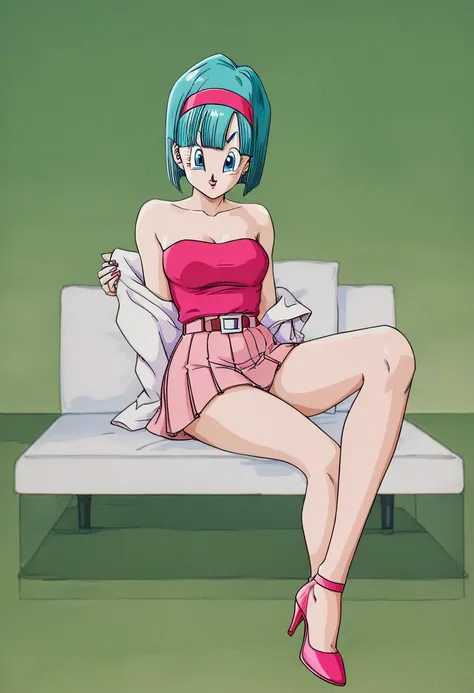 Bulma,  short hair, aquamarine hair, Bob-style cut. Blue eyes,  bare shoulders, strapless,  belt,  medium breasted, pink shirt, Pink mini skirt Pleated skirt ,  sitting on a couch ,  full body,  bare legs , with lace-up heels tied from toe to heel, Curly l...