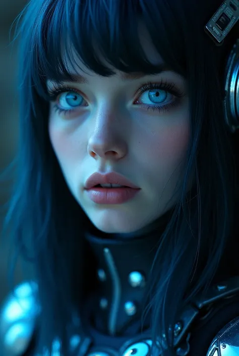 realistic,(( masterpiece)), (( envelopes)), ( Detailed ),  Close-up portrait, 1 girl, blue_eyes, Alone , blue_theme, science_fiction, mono, Circuit Pentern , blue_fur,  Detailed  fur, looking_en_ spectator, _negro_hair,  opened lips , cyborg, realistic, ar...