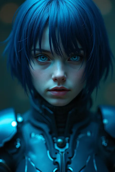 realistic,(( masterpiece)), (( envelopes)), ( Detailed ),  Close-up portrait, 1 girl, blue_eyes, Alone , blue_theme, science_fiction, mono, Circuit Pentern , blue_fur,  Detailed  fur, looking_en_ spectator, _negro_hair,  opened lips , cyborg, realistic, ar...