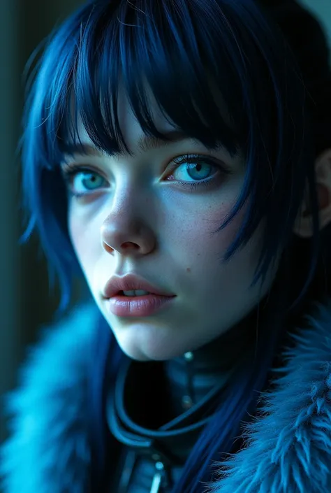 realistic,(( masterpiece)), (( envelopes)), ( Detailed ),  Close-up portrait, 1 girl, blue_eyes, Alone , blue_theme, science_fiction, mono, Circuit Pentern , blue_fur,  Detailed  fur, looking_en_ spectator, _negro_hair,  opened lips , cyborg, realistic, ar...