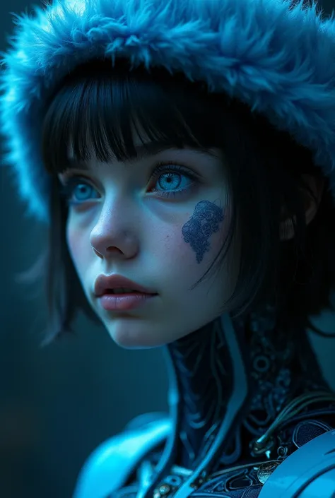 realistic,(( masterpiece)), (( envelopes)), ( Detailed ),  Close-up portrait, 1 girl, blue_eyes, Alone , blue_theme, science_fiction, mono, Circuit Pentern , blue_fur,  Detailed  fur, looking_en_ spectator, _negro_hair,  opened lips , cyborg, realistic, ar...