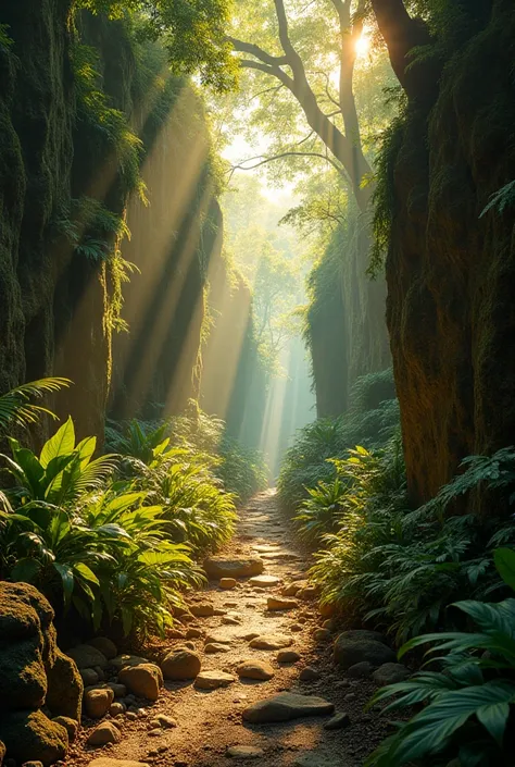 "The view focuses on the path leading deeper into the jungle. It’s lined with ancient, moss-covered rocks and flanked by exotic plants. The sunlight creates a golden glow, hinting at the wonders that lie ahead on T-Rex’s journey."
