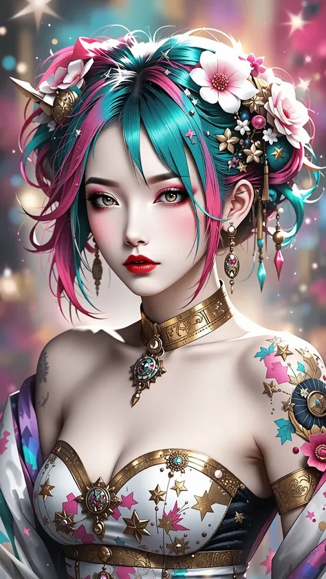 Japanese girl, (anime), manga, sexy, Latex, sparkles, Pink Green Hair, posing, Glitter Dust, dynamic shadows, masterpiece, bright colors, Shimmers, clear details, beautiful appearance, masterpiece, best quality, perfect anatomy, very aesthetic, official ar...