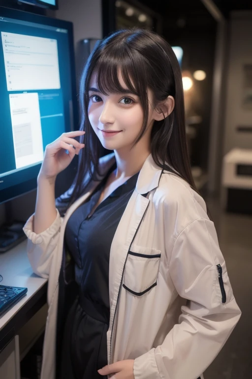 An absurd resolution, high res,20 age, (masterpiece: 1.4), super detailed , dark-haired young woman dressed as a technician, blushing and excited expression , Dark haired young woman dressed as a