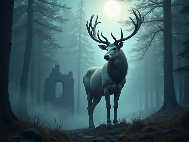 A full height, dramatic stance of the spirit of the forest, a huge full antler white stag. Misty forest background with strong moon-rays  lighting the ruins of a castle, its stance is strong and proud, slightly inclined forward, Photorealistic, sharp-focus...