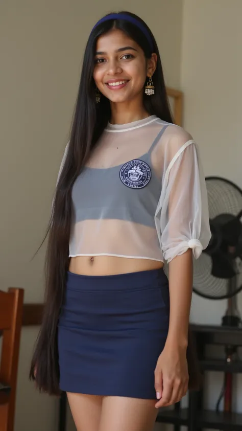 A full lenght shot of a lovely indian sister standing in front of a fan in her living room. The fan is blowing up her skirt. She looks happy. ultra-high definition, realistic photography. Transparent  navy white floaty croptop (partially showing her petite...