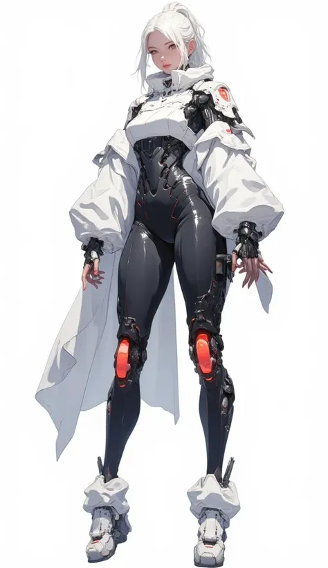 AI woman with black cyberbody, with grey details, very tall, with thick thighs, wide hips, long legs, and a slender waist. Dark red glowing eyes, short flowing white hair In a high ponytail. Nothing in her hand. Alluring, looking directly at the camera. Gi...