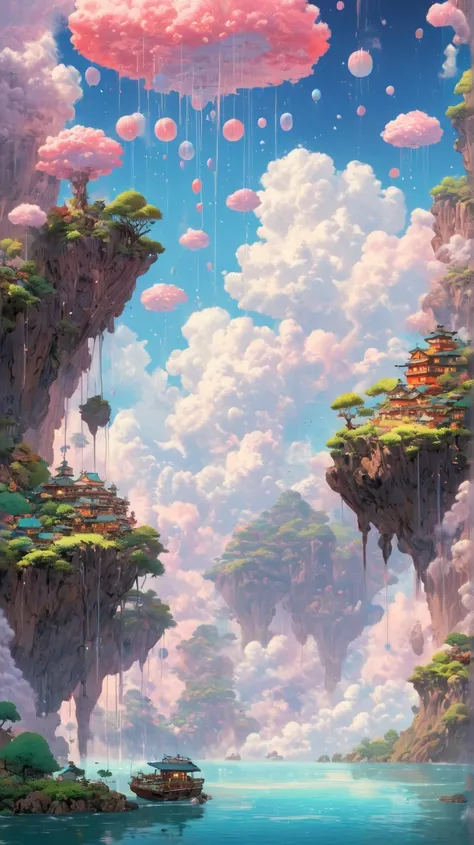 " A surreal landscape with floating islands, waterfalls falling to the sky , vibrant pastel colors,  soft clouds and glowing orbs of light ,  inspired by Studio Ghibli , magical and charming atmosphere."