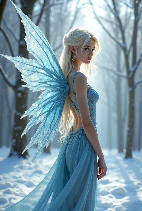 A back of a winter faerie, frozen wings attached to person back, long wavy shiny platinum blond hair, in a winter forest, fantasy, mythical, semi-realistic art.