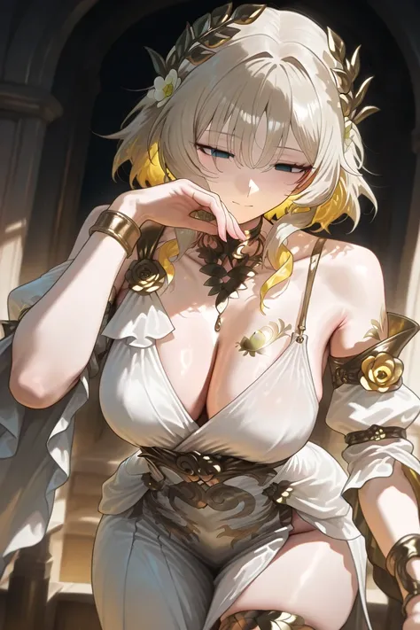 1 girl,no human, anime, Aglaea,nsfw,questionable,explicit,nipple, no pupil, empty eyes, goddess, mature, white dress, white flower, golden flower ornament, straped dress, long skirt, white skirt, side slit, detached sleeves, gold trim, greek clothes, arm a...