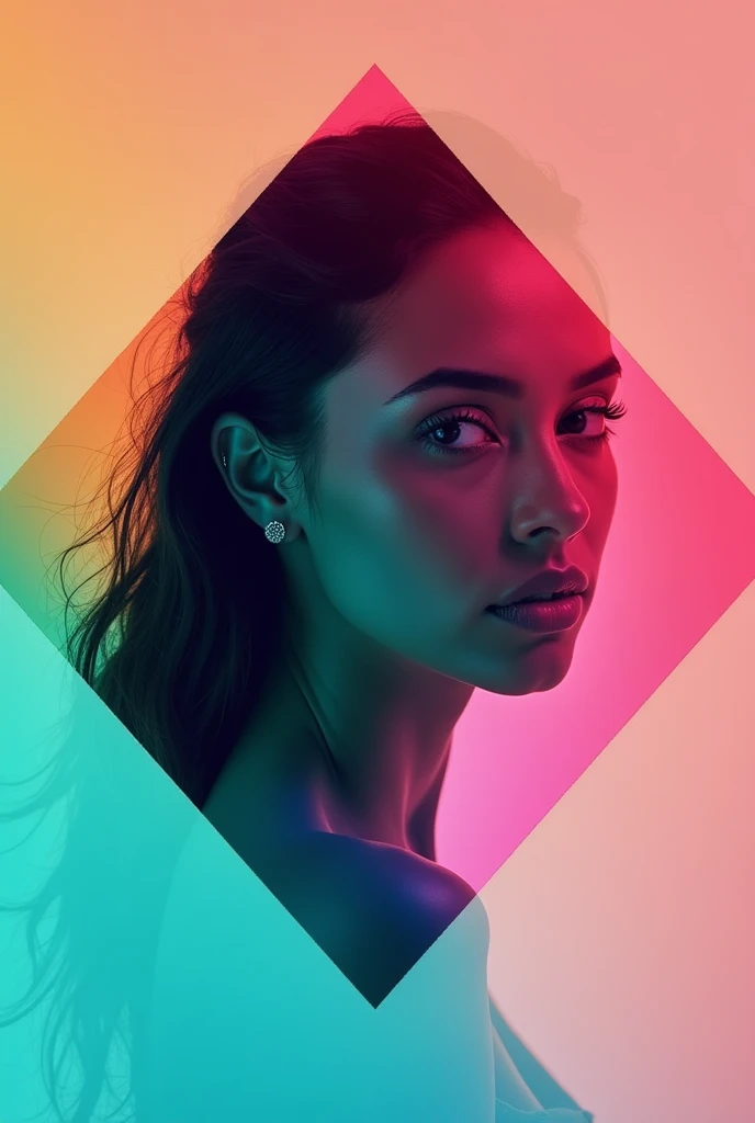 a colorful gradients type diamond, a monochrome photo of beautiful woman looking away from viewer, 2 photos overlay each other, well blended 2 photos, high contrast, professional photography