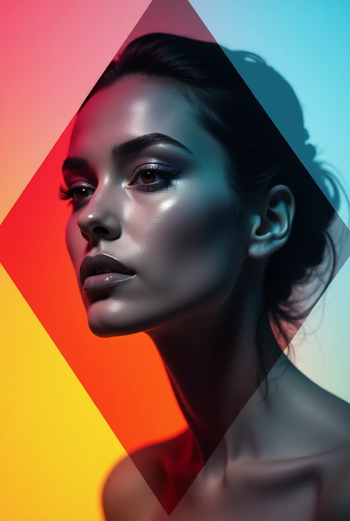 a colorful gradients type diamond, a monochrome photo of beautiful woman looking away from viewer, 2 photos overlay each other, well blended 2 photos, high contrast, professional photography