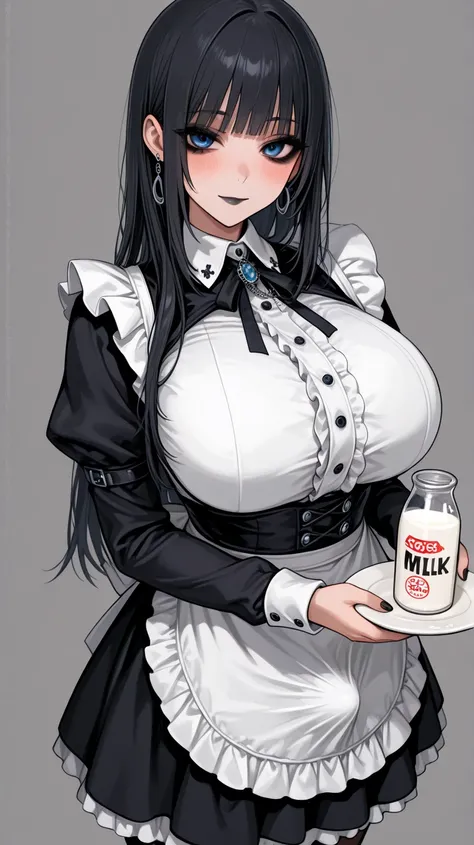 1futa girl, goth, solo, looking at viewer, black hair, long hair, blue eyes, black eyeshadow, blush, looking at viewer, light smile, black lipstick, closed mouth, silver earrings, maid costume, huge breasts, small bulge, erection under clothes, holding a w...