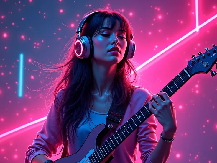 A girl with an electric guitar wearing headphones, Music cover,  digital graphics , disco pop rock, neon, 