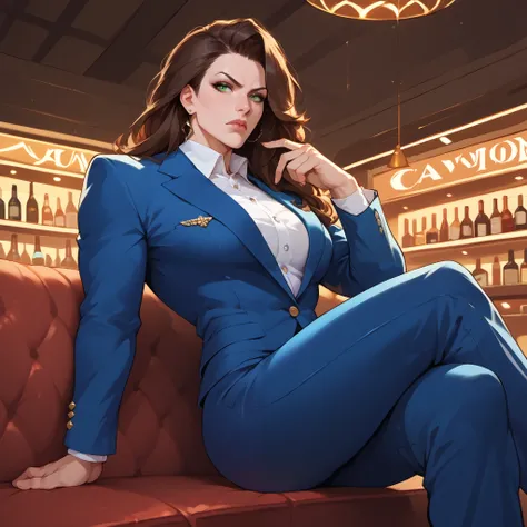 strong female wearing a navy blue business suit, wearing a navy blue suit pants, has brown straight hair, has green eyes, sitting on a seat inside of a nightclub, looks dominant, has an annoyed look on her face, snarky, looks unimpressed, is the boss, musc...