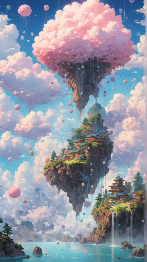 " A surreal landscape with floating islands, waterfalls falling to the sky , vibrant pastel colors,  soft clouds and glowing orbs of light ,  inspired by Studio Ghibli , magical and charming atmosphere."