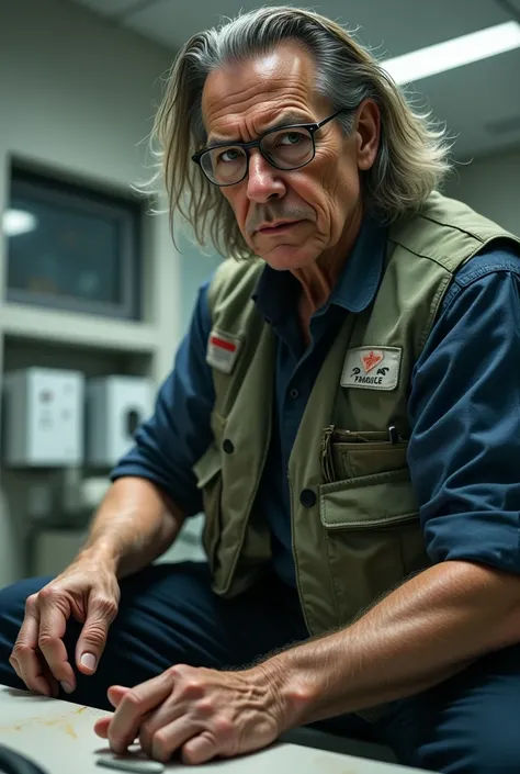 ((full body)), ((4k)), a 50 years fair old man, wearing glasses, dirty vests, ((long hair)), ((experient paramedic surgeon)), (preparing for surgery)