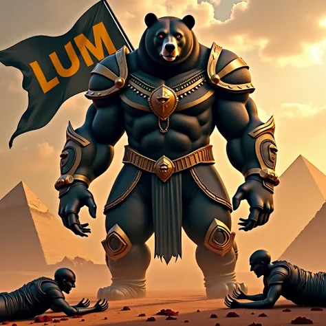 God-like Dark Bear, Shadow bear, armored Warrior Bear, dark aura, aura, dark energy, LUM flag, dead zombies on the ground, black and gold armored fur, highly detailed, realistic style, dark fantasy, bloody battlefield, angry, standing up, giant, giga, fire...