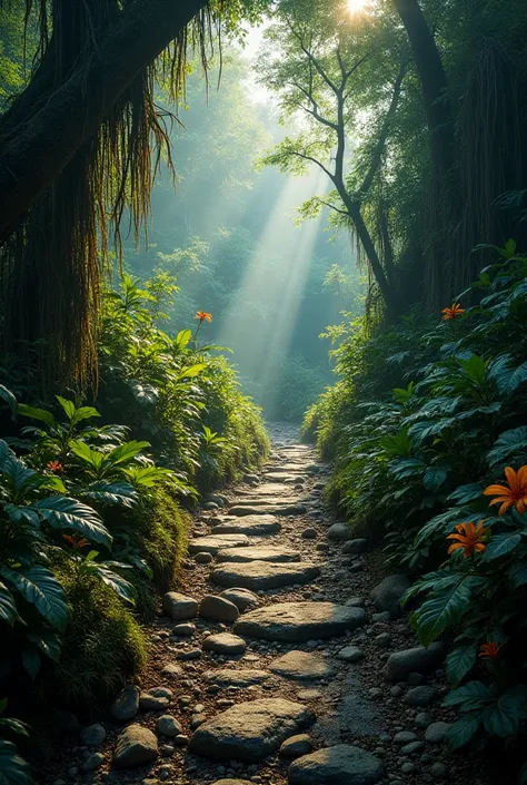 "The rocky path winds deeper into the jungle, disappearing into the shadows of massive trees. Exotic flowers bloom along the edges, and faint beams of sunlight guide the way, giving the scene an air of mystery and excitement."
